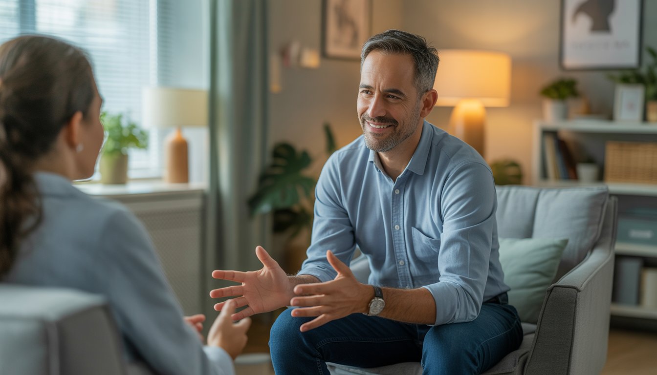 A middle-aged male therapist sitting in a warmly lit office, attentively listening to a client during a therapy session.