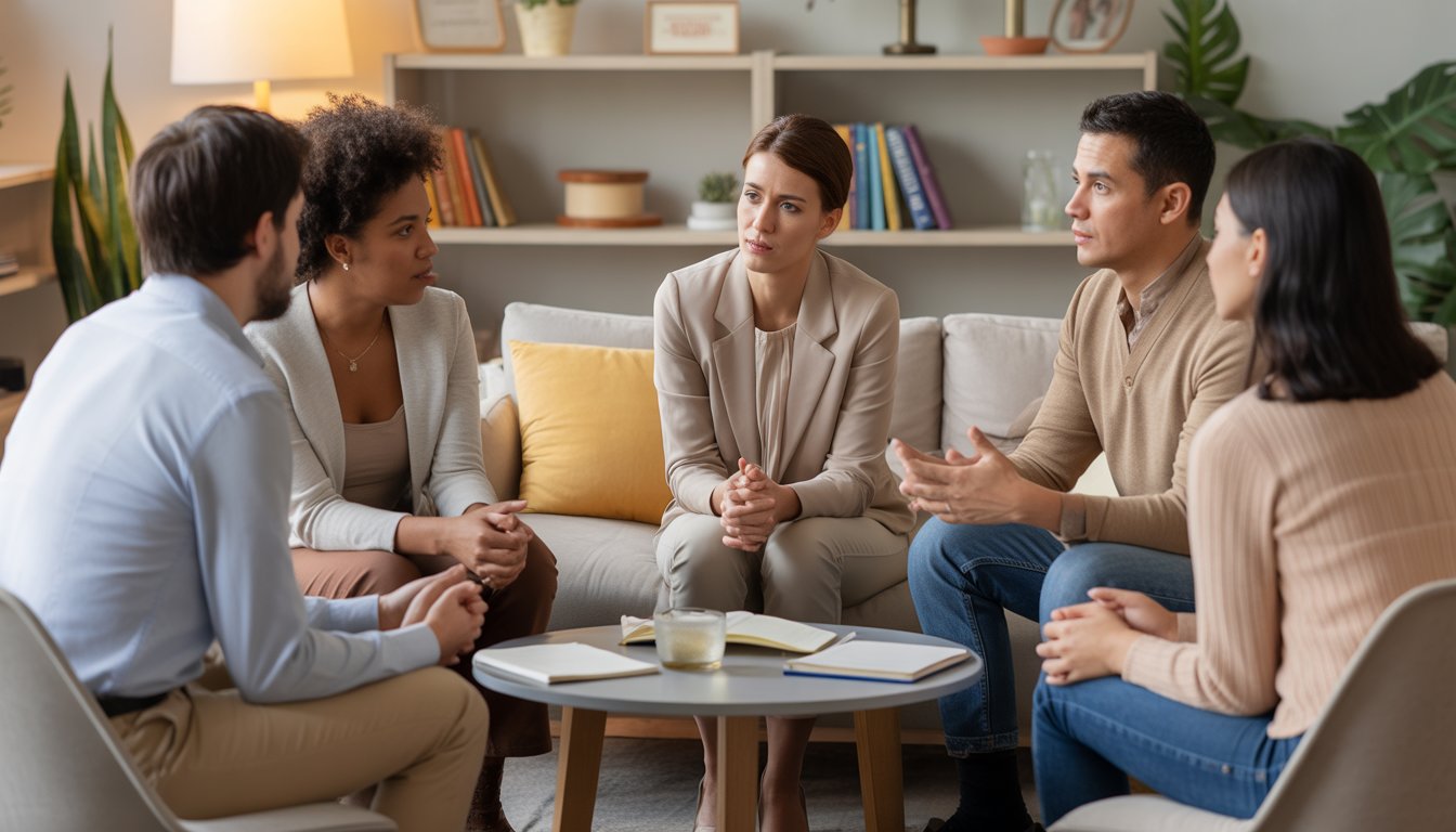 A diverse group of adults sitting around a table in a therapy room, engaged in a supportive conversation with a therapist.