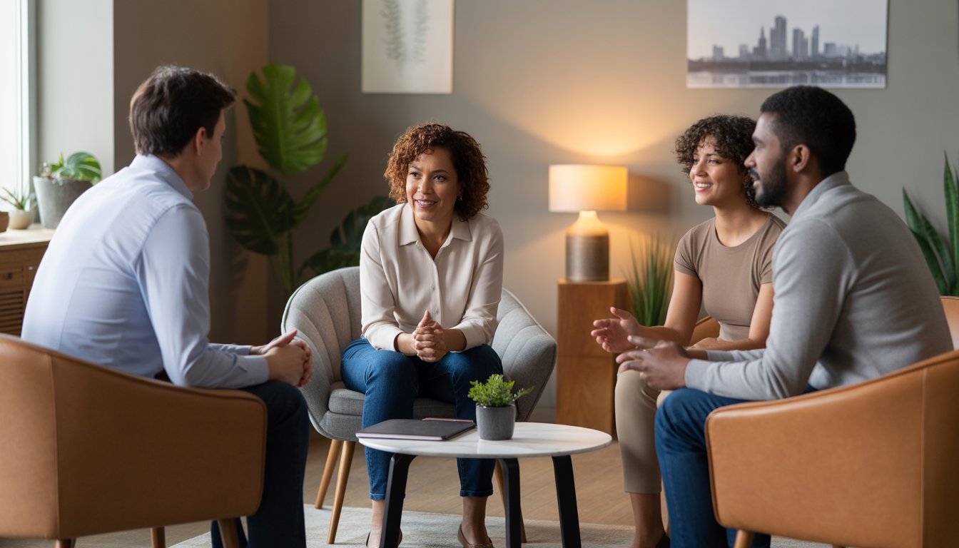 Three adults sitting in a cozy therapy office having a calm and supportive conversation.