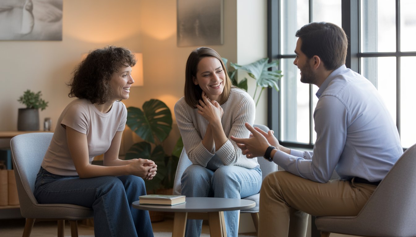 Three adults having a supportive conversation in a cozy counseling office with natural light and calming decor.