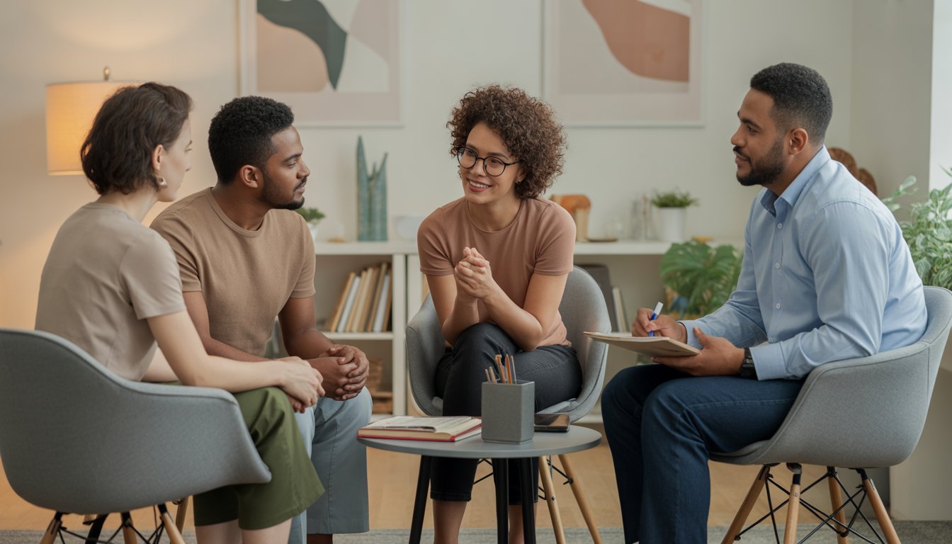 Three diverse adults engaged in a supportive counseling session in a bright, comfortable office setting.