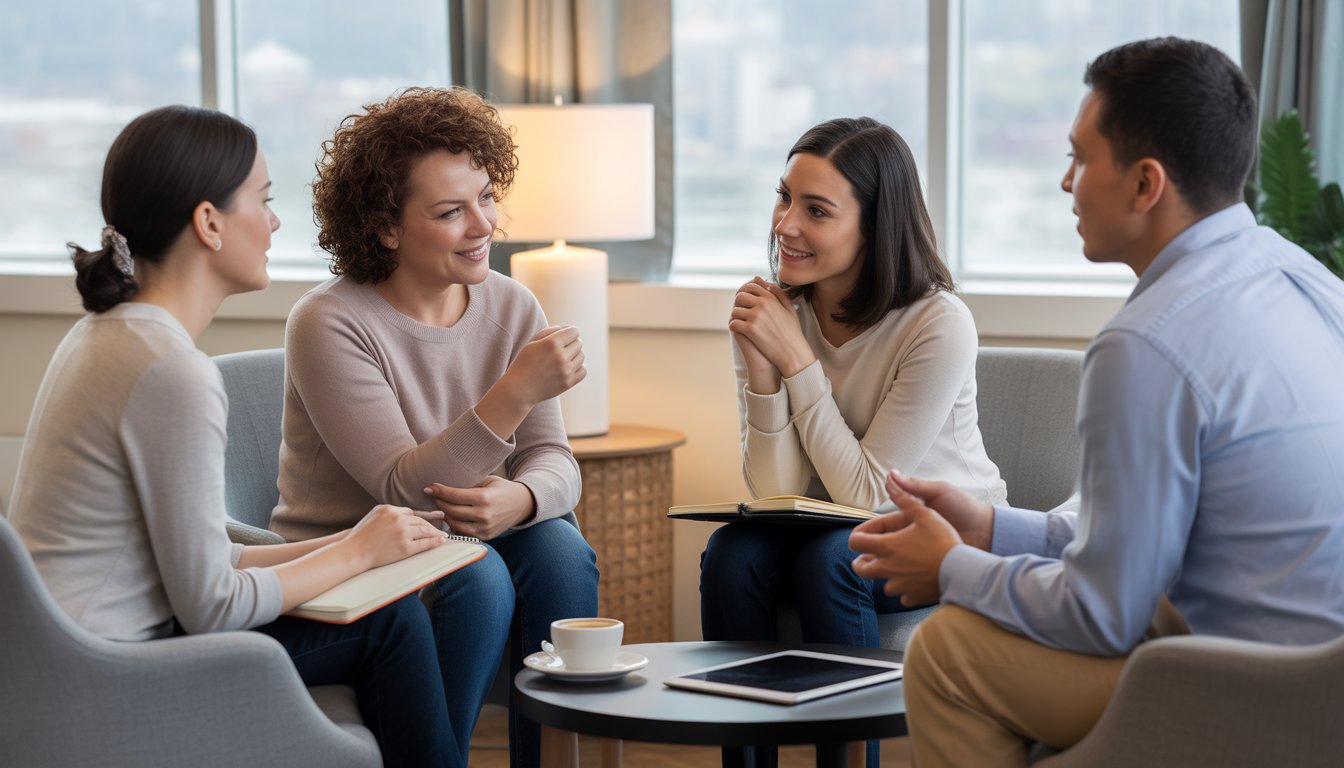 Three adults having a calm and supportive conversation in a bright therapy office with a view of Pittsburgh in the background.