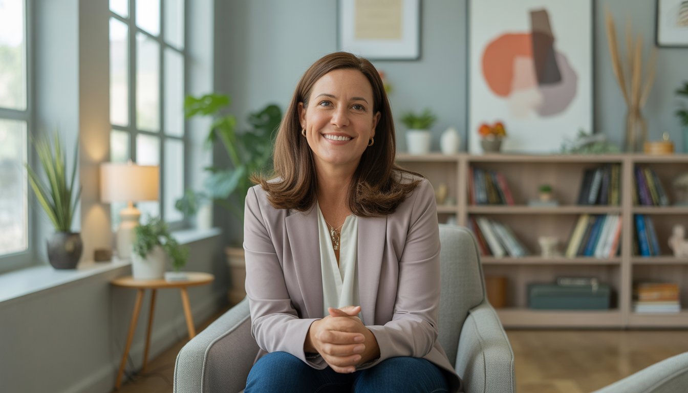A female therapist sitting in a bright, comfortable office with plants and bookshelves, smiling warmly.