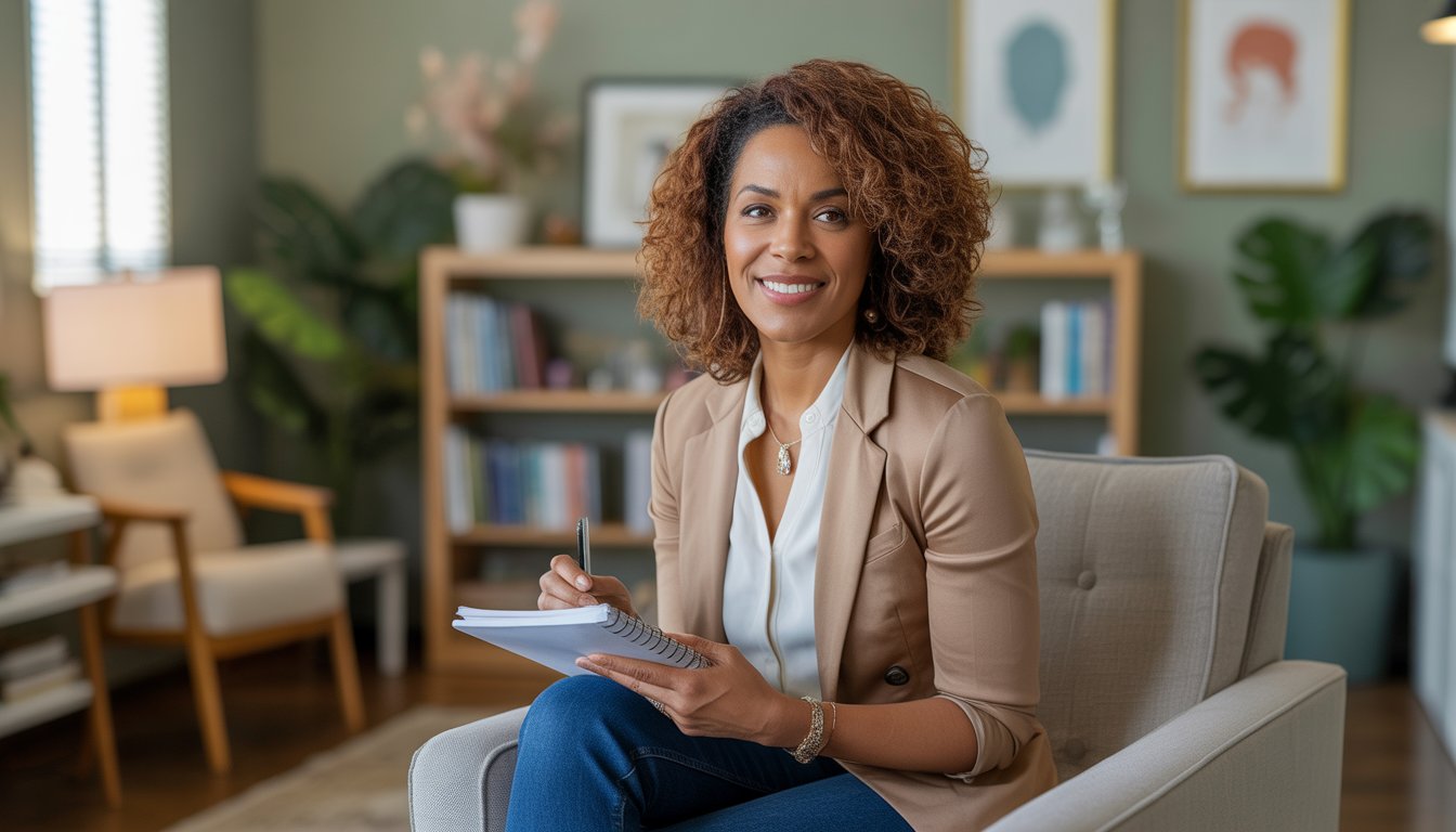 A female therapist sitting in a cozy counseling office, holding a notepad and pen, with books and plants in the background.