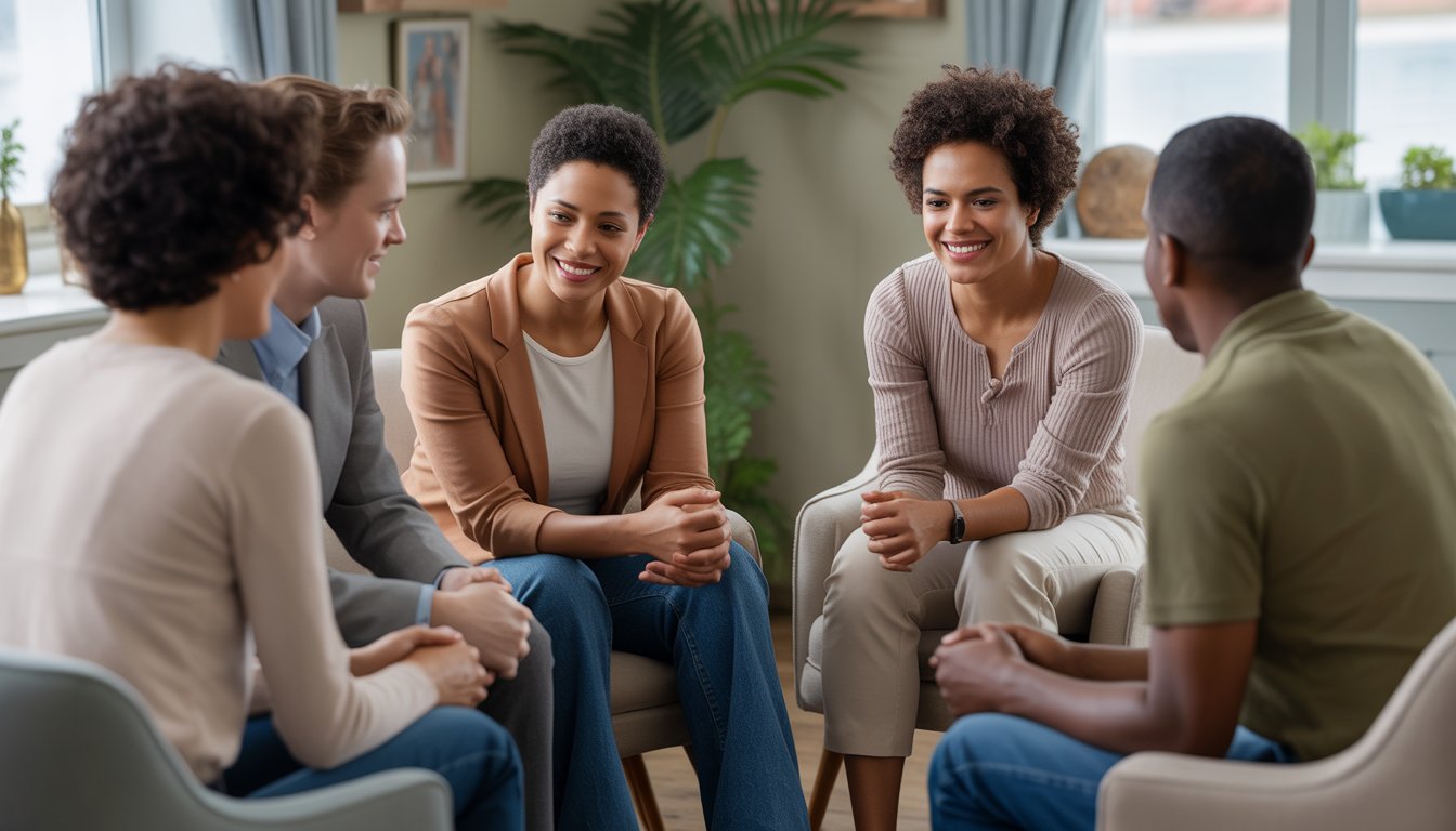 A diverse group of people in a therapy session with a compassionate therapist in a comfortable office setting.