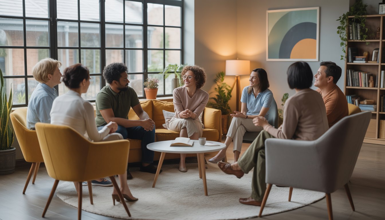 A diverse group of adults sitting in a circle in a bright, comfortable counseling room, engaged in an open and supportive group discussion.