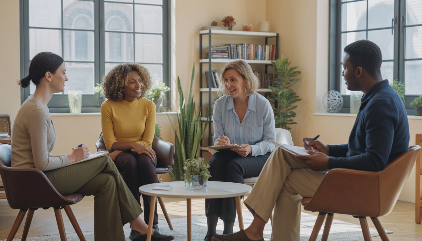 Three adults having a therapy session in a bright office with large windows showing New Orleans buildings outside.