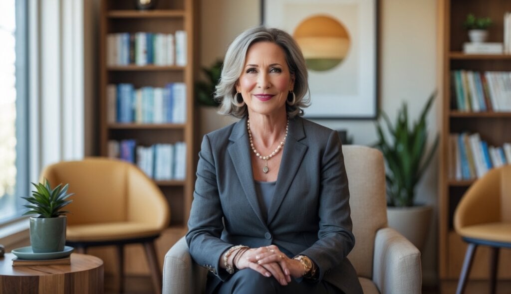 Therapist sitting down in a chair in a modern office
