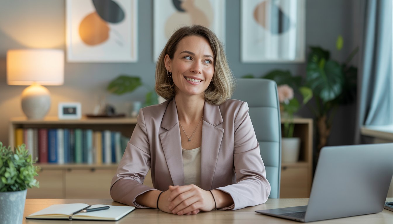 A female therapist sitting at a desk in a warmly lit office, smiling and making eye contact.