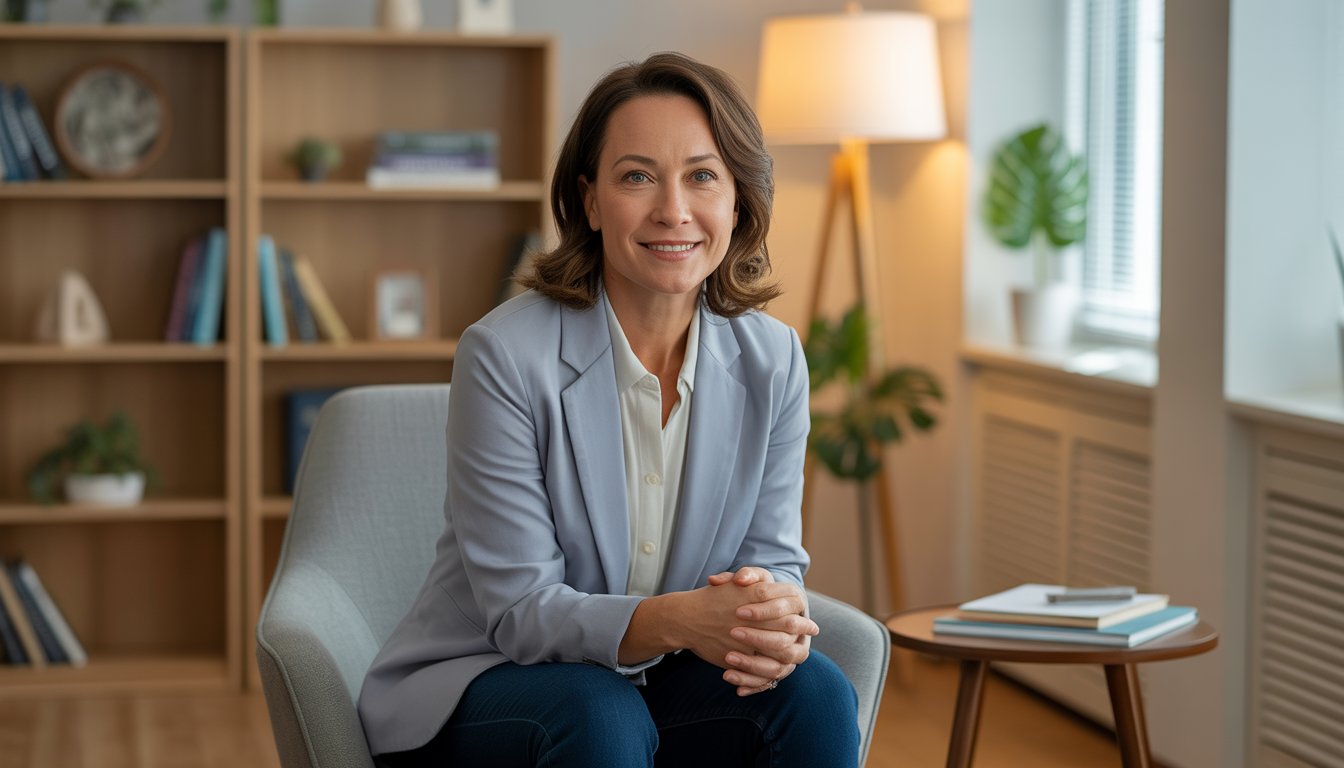 A female therapist sitting in a comfortable office with bookshelves and plants, smiling warmly and looking attentive.