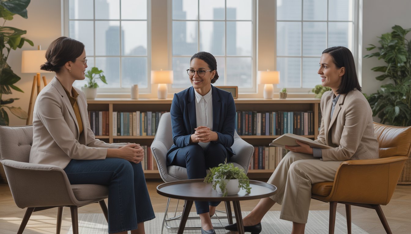 Three therapists sitting in a counseling office in Minneapolis, engaged in a supportive conversation.