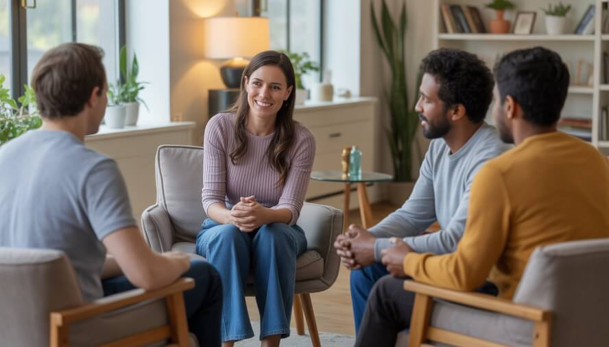 A female therapist talking with three adults in a comfortable therapy office.