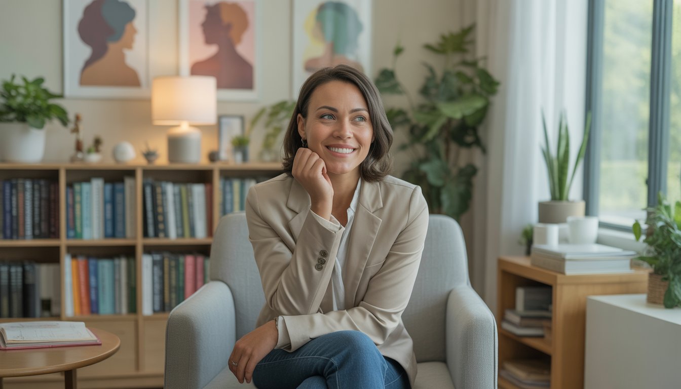 A female therapist sitting in a bright, comfortable office with plants and bookshelves, smiling warmly and appearing attentive.