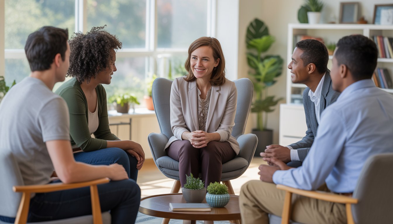 A therapist and a diverse group of adults having a supportive conversation in a bright, welcoming office.