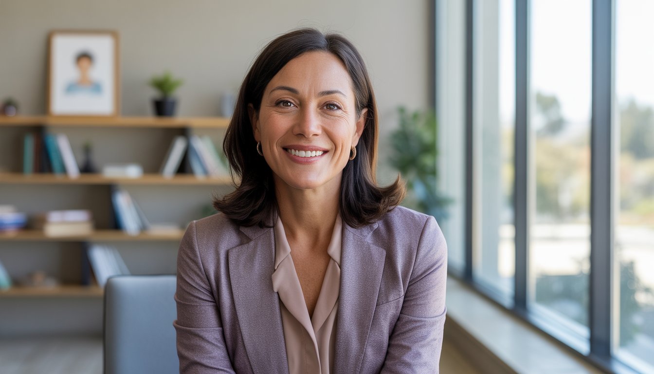 A confident woman sitting in a bright office surrounded by bookshelves and plants, smiling warmly.