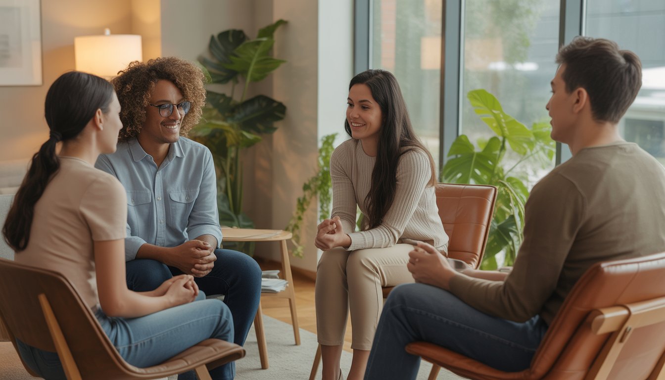 Three adults sitting in a counseling office, engaged in a supportive group conversation.