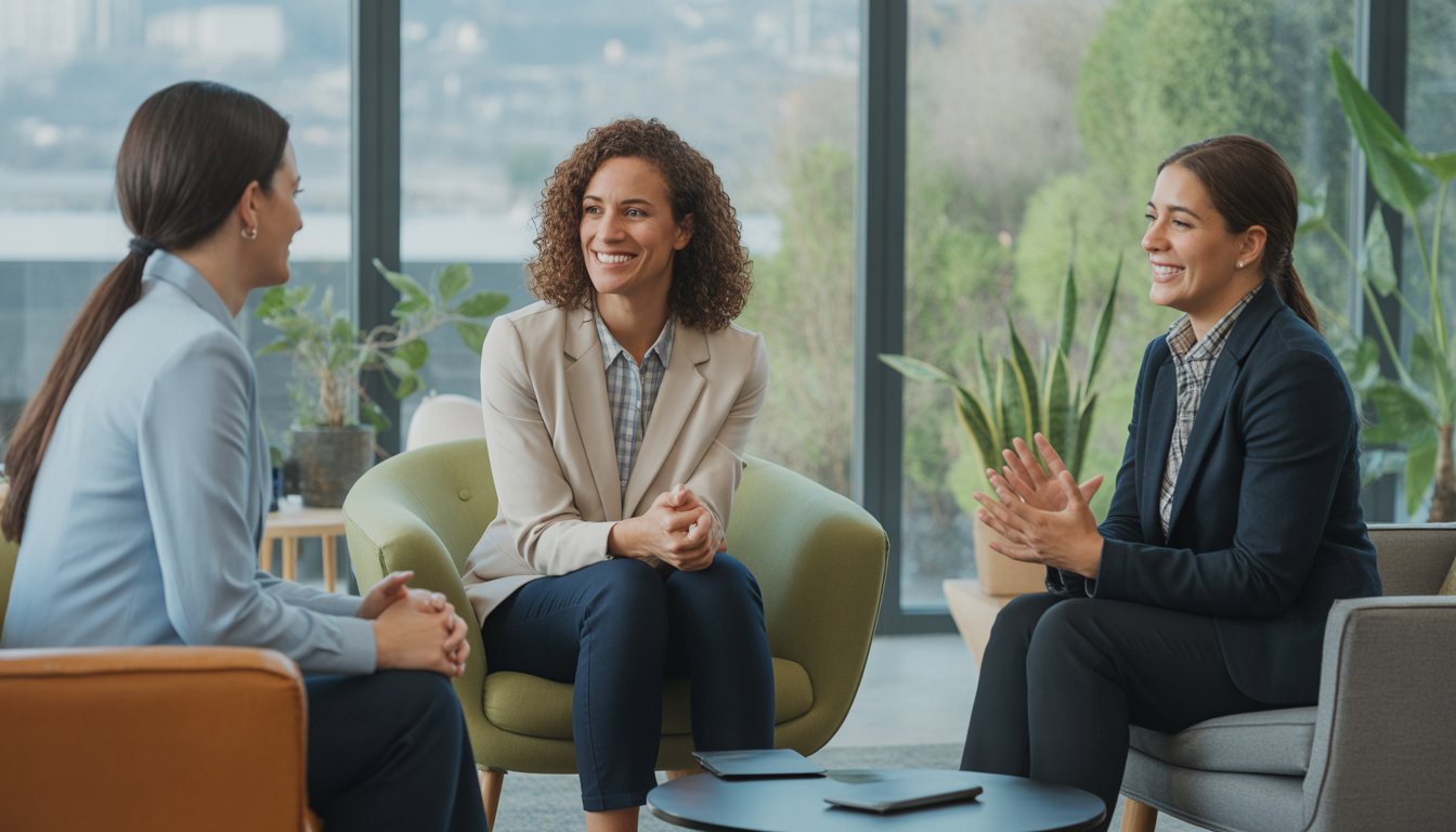 Three therapists talking together in a bright, modern office with large windows showing a city view.