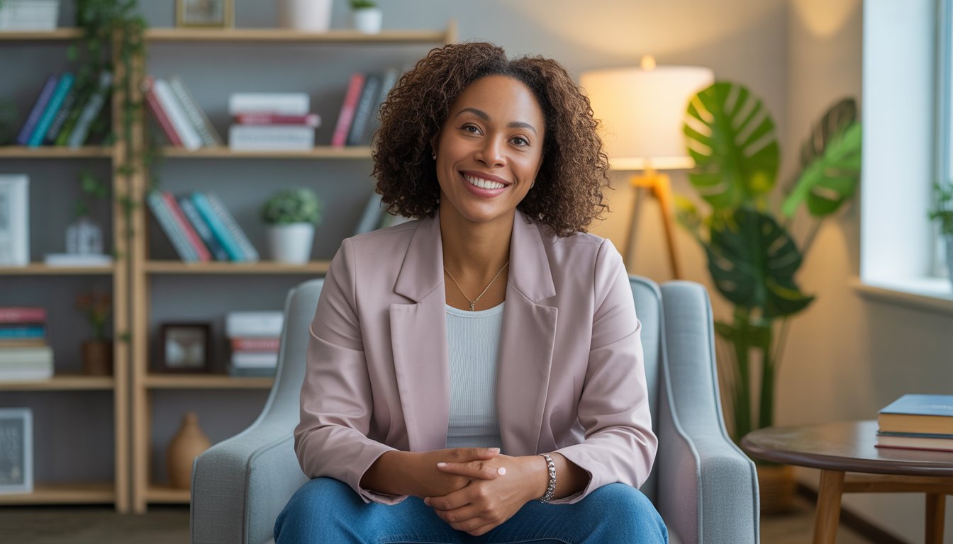 A Black woman sitting in a warmly lit therapy office, smiling gently with books and a plant in the background.