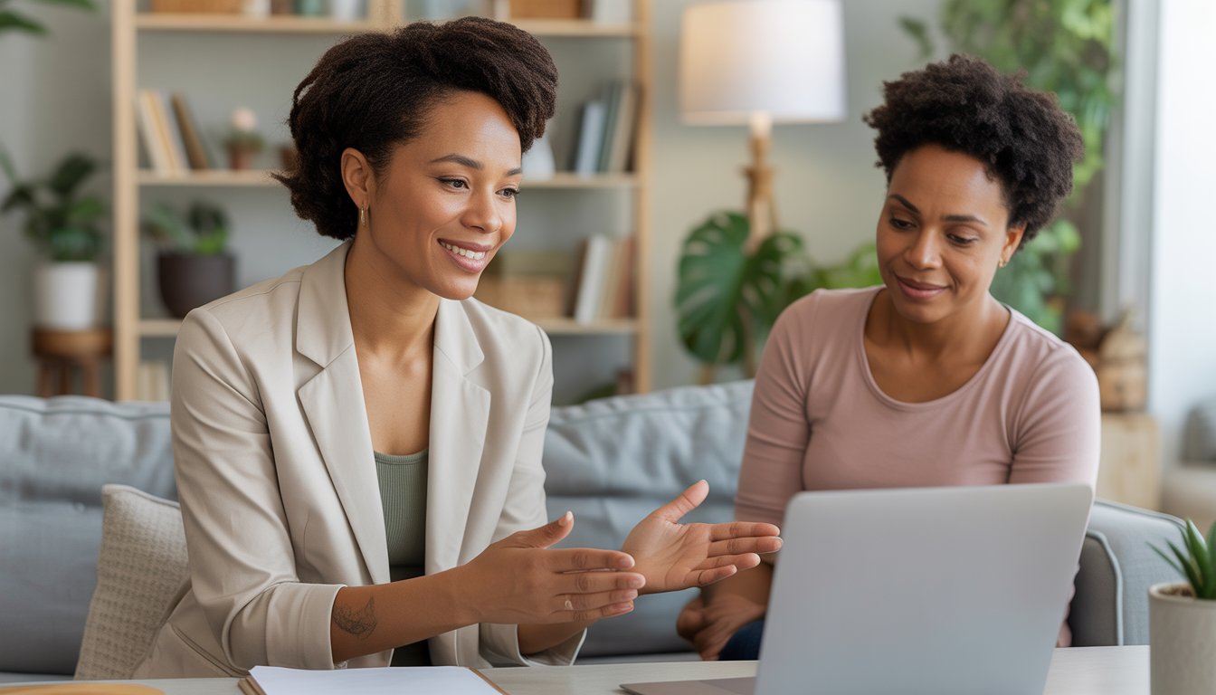 A Black female therapist conducting a virtual therapy session with a Black woman client, both appearing calm and engaged in a comfortable home setting.