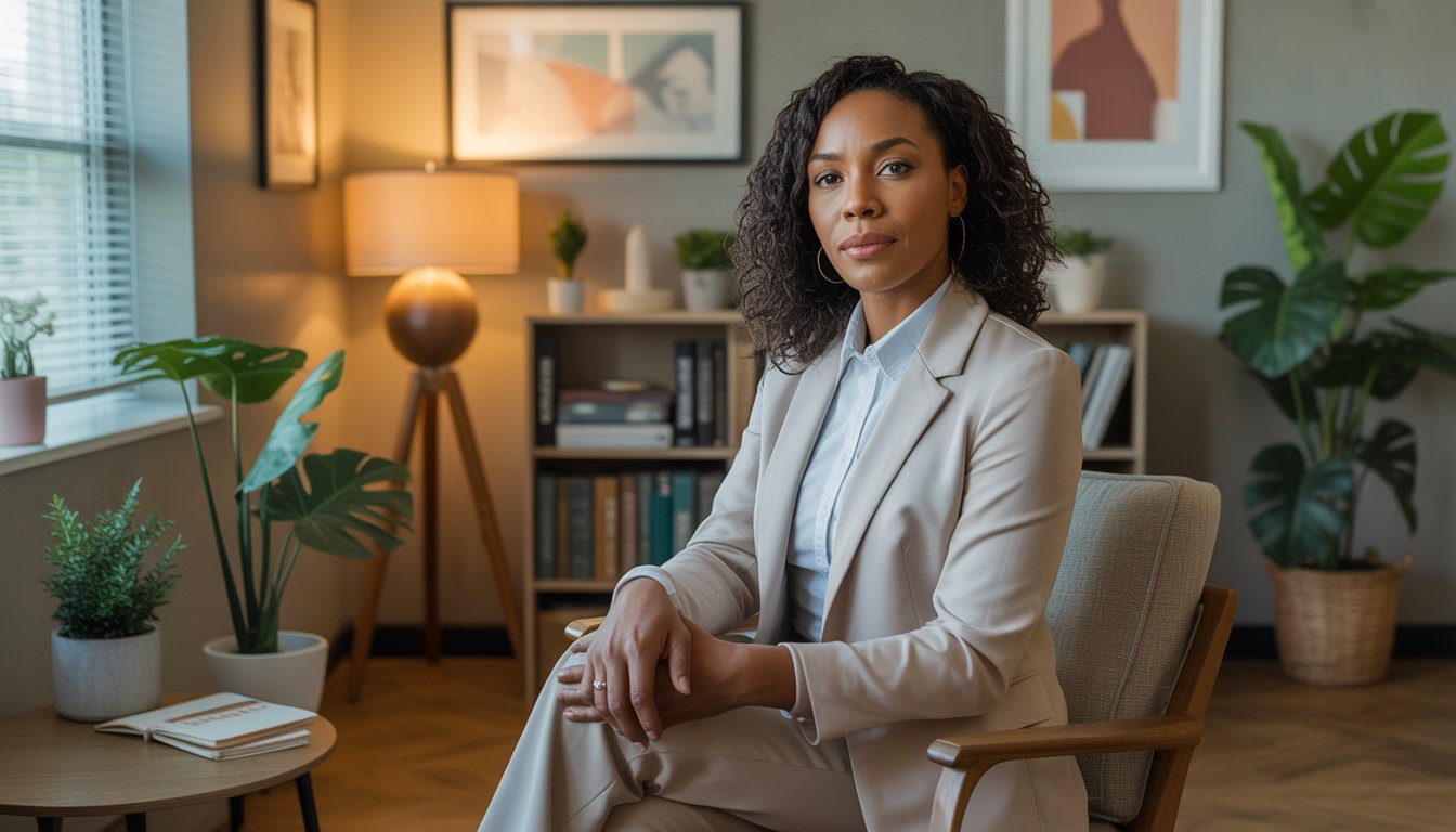 An African American woman therapist sitting in a comfortable chair in a bright, welcoming counseling office.