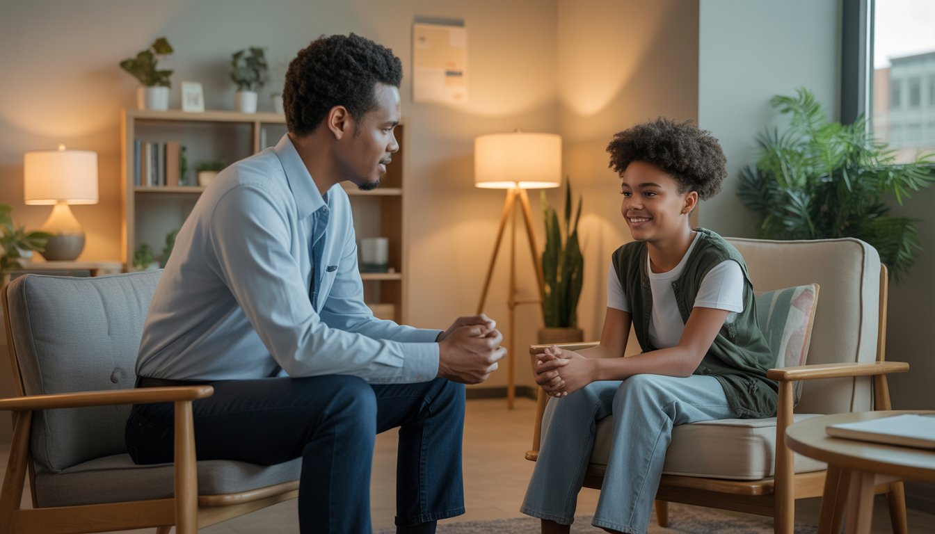 A Black male therapist attentively talking with a Black teenage girl in a cozy therapy office.