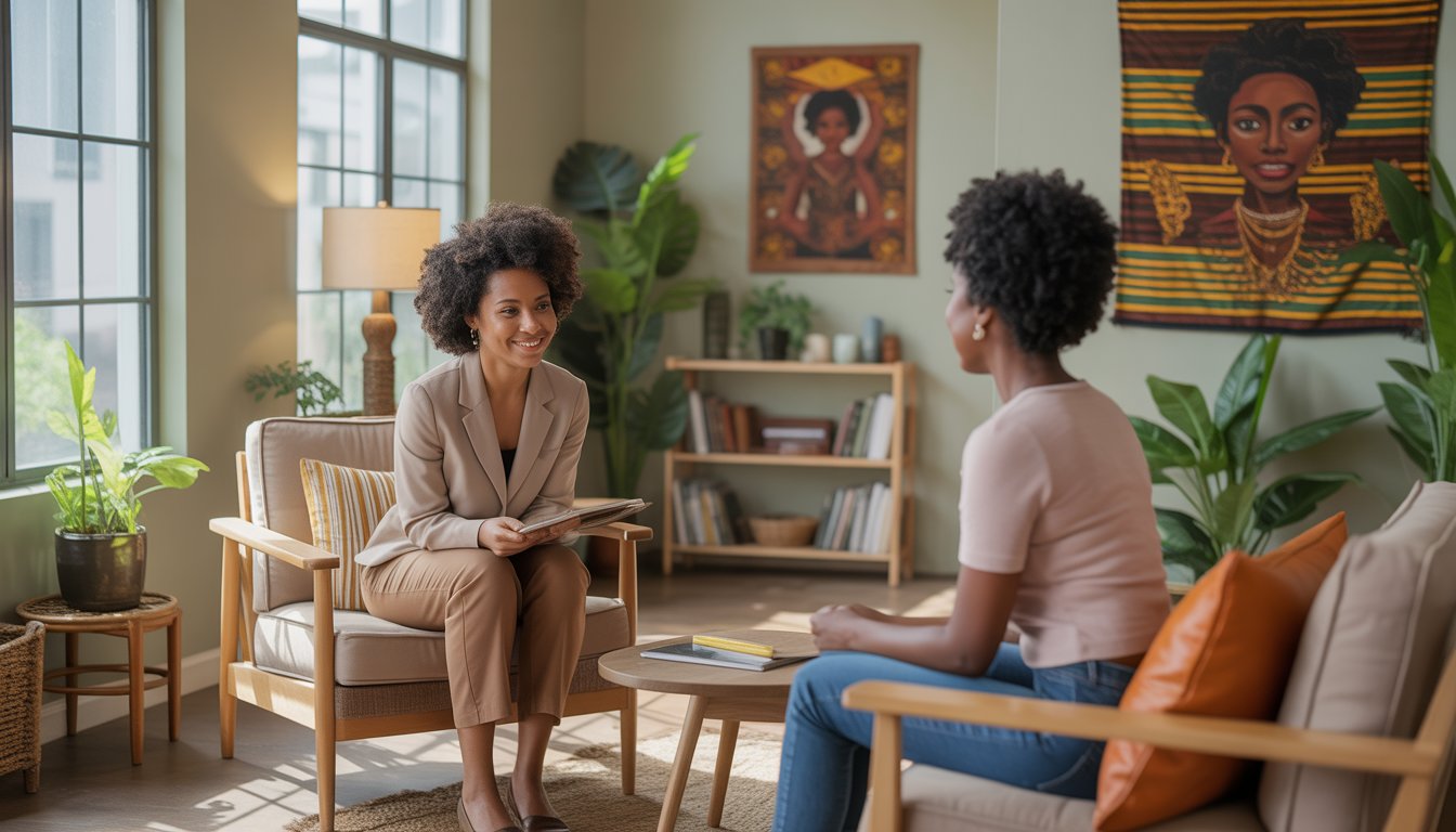 A Black female therapist and client having a conversation in a warm, welcoming therapy room decorated with African-inspired artwork and plants.