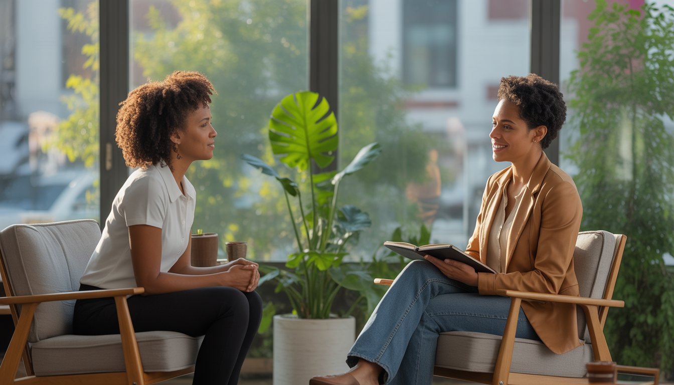 A Black female therapist attentively listening to a Black woman client in a bright, comfortable counseling office with plants and city views through the windows.