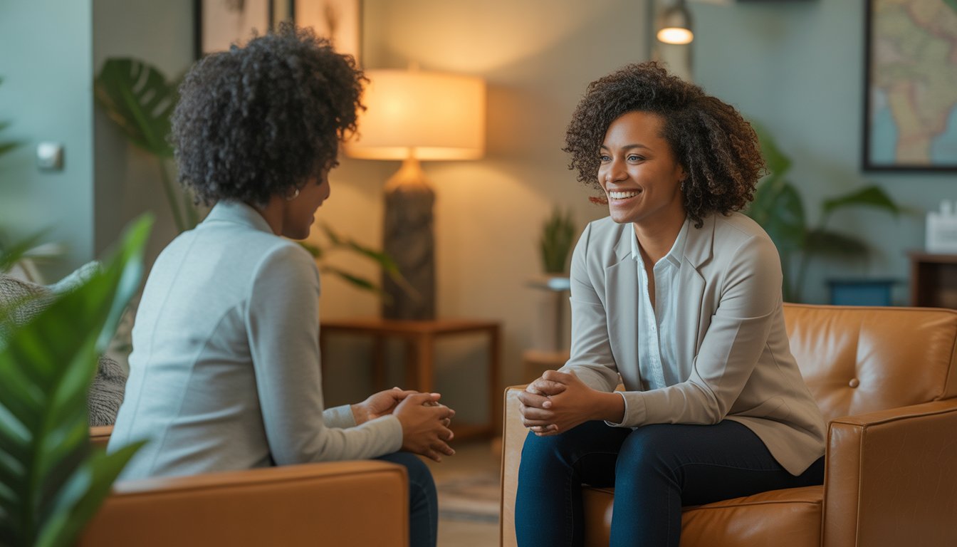 A Black female therapist attentively talking with a Black female client in a comfortable therapy office with plants and warm lighting.