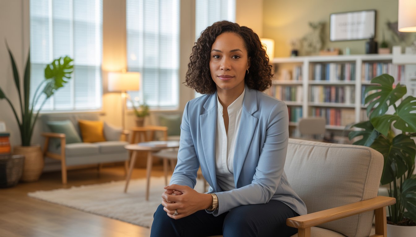 A Black female therapist sitting in a warmly lit therapy office with plants and bookshelves, looking approachable and professional.