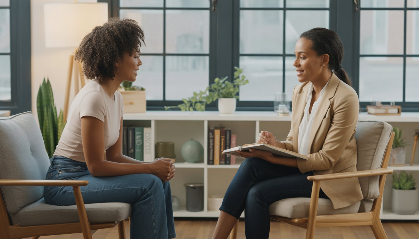 A Black female therapist and a Black woman client having a supportive conversation in a bright, comfortable therapy office.
