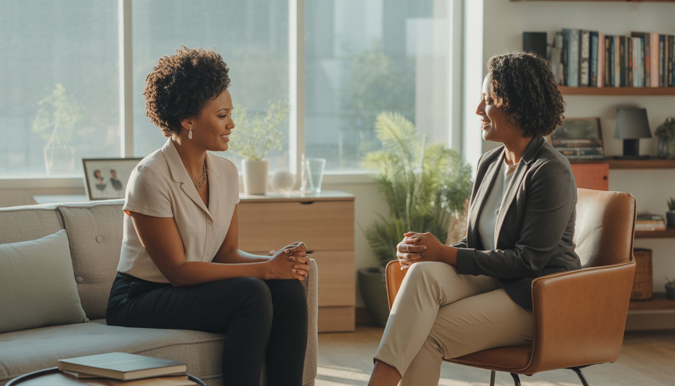 A Black female therapist and a Black woman client engaged in a supportive conversation in a bright, comfortable office.