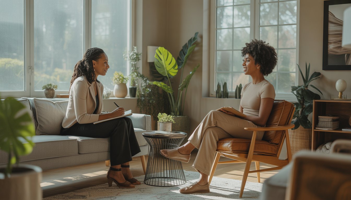 Two Black women in a therapy session in a bright, cozy office, one listening attentively while the other speaks.