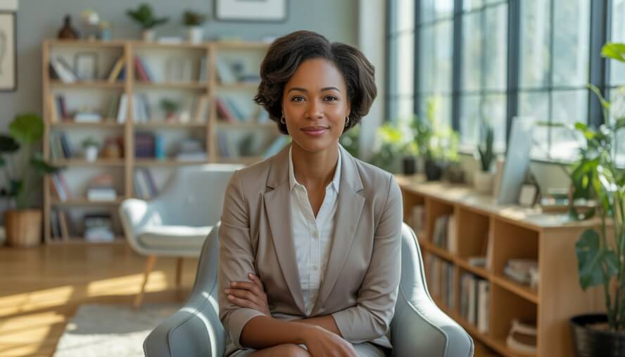 A confident Black woman sitting in a warmly lit therapy office with bookshelves and plants in the background.