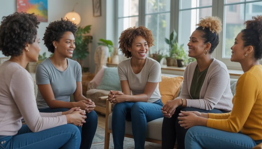 A group of Black women sitting together in a bright room, engaged in a supportive and caring conversation.
