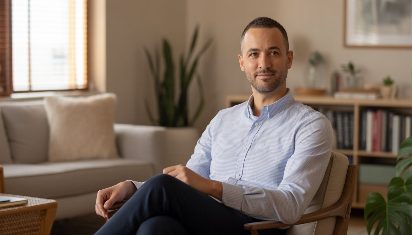 A male therapist seated in a bright, comfortable office with warm lighting and plants, looking friendly and approachable.