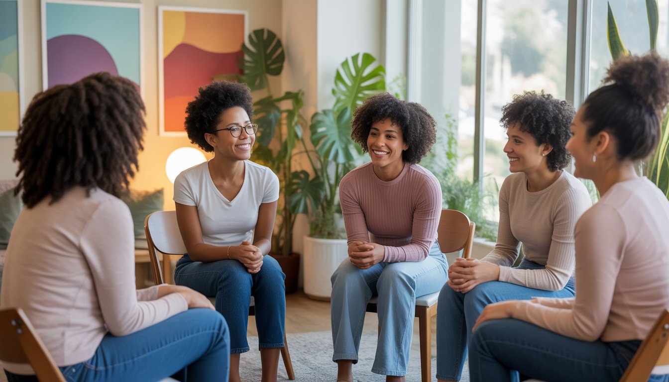 A group of Black women sitting in a bright, comfortable therapy room, engaged in a supportive group discussion.