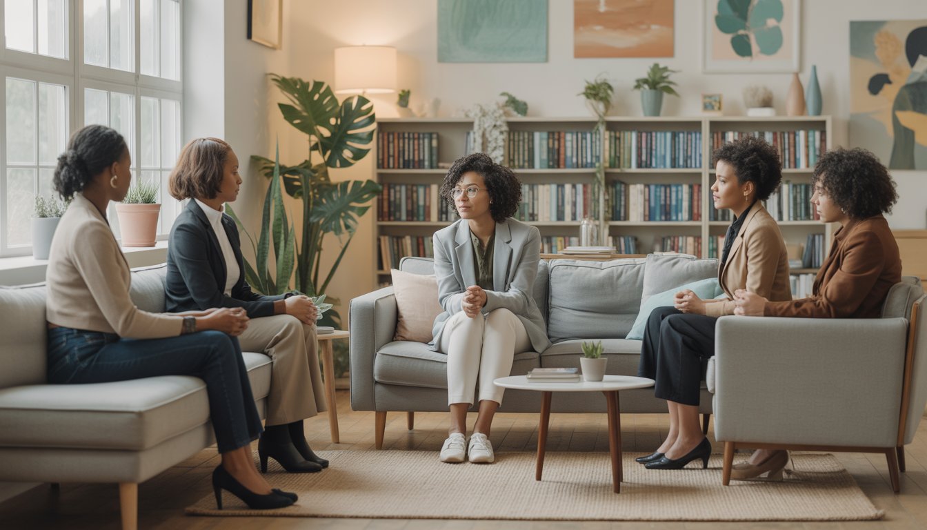 A Black female therapist attentively talking with a Black woman client in a bright, welcoming therapy office with plants and books.