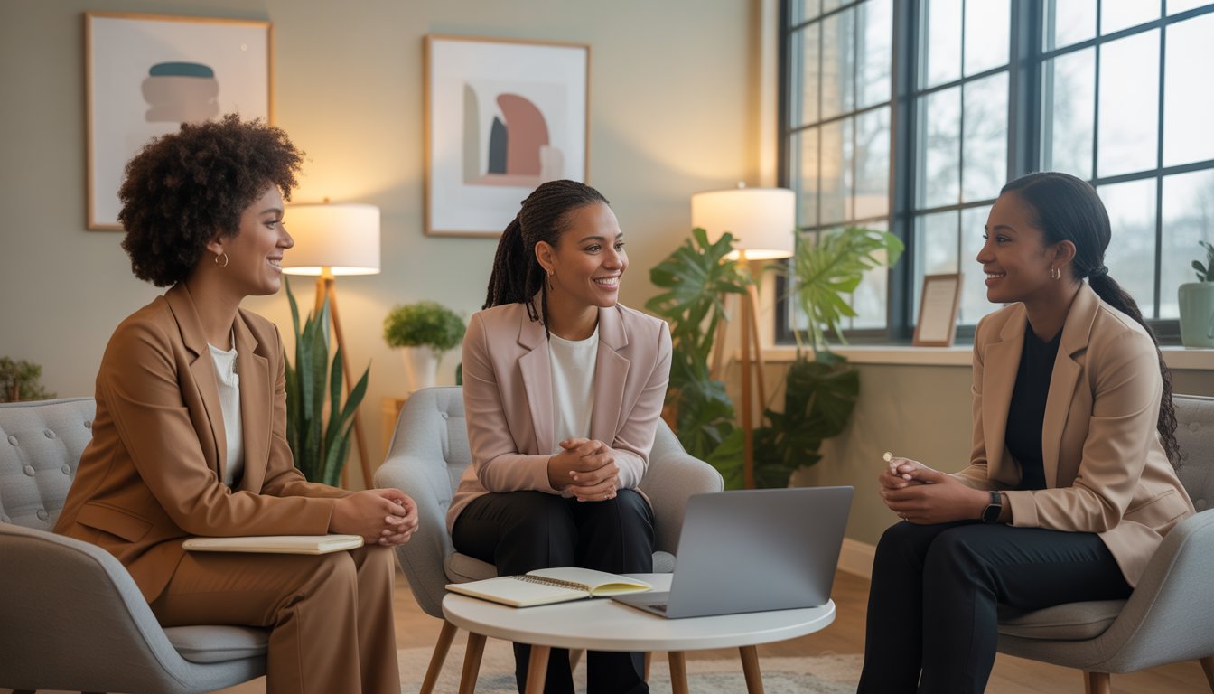 Three Black women therapists sitting together in a bright, comfortable therapy clinic, having a supportive conversation.