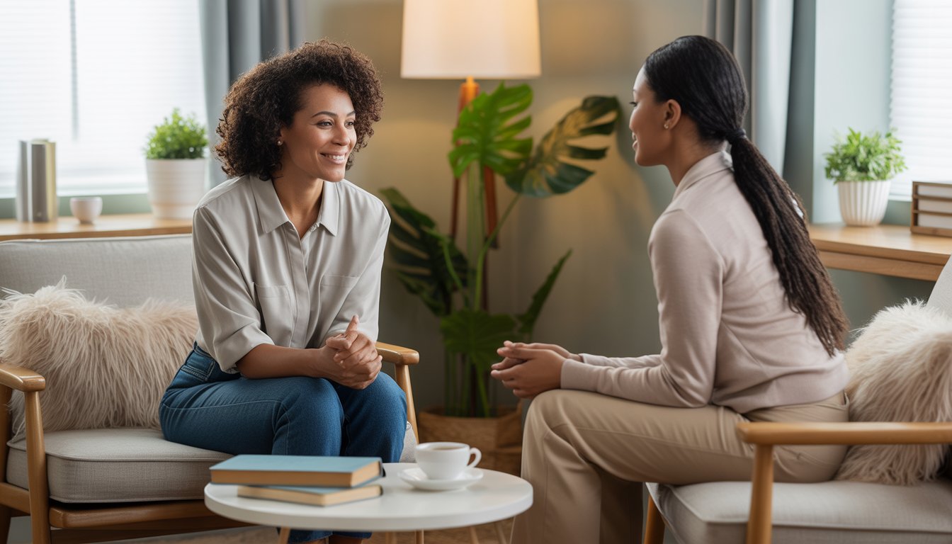 A Black female therapist attentively listening to a Black woman client in a cozy therapy office with soft lighting and plants.