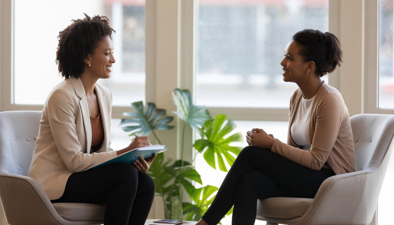 Two Black women in a counseling session in a bright, comfortable office, one listening attentively while the other speaks.