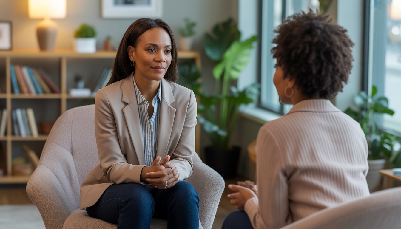 A Black female therapist and a Black woman client having a supportive conversation in a comfortable therapy office.