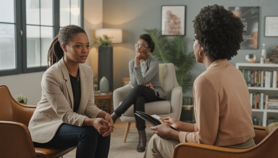A Black female therapist and client seated in a comfortable therapy room, engaging in a supportive conversation.