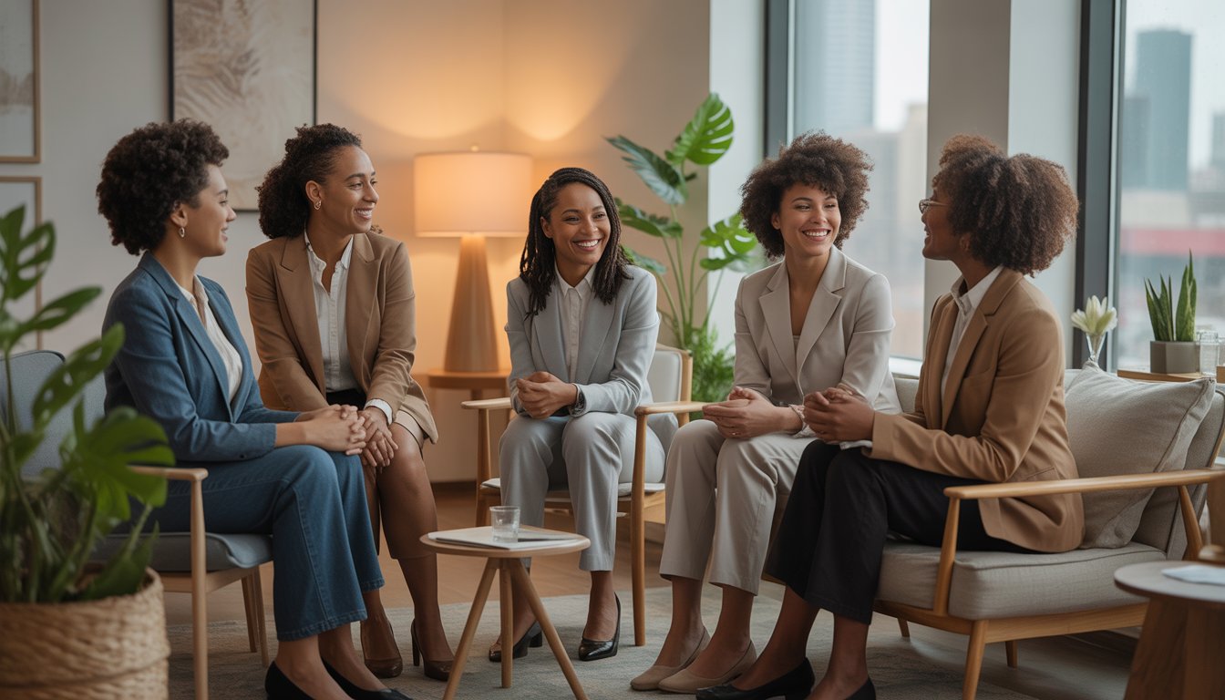 A group of Black therapists in a modern therapy office with warm lighting and a view of a city skyline through the window.