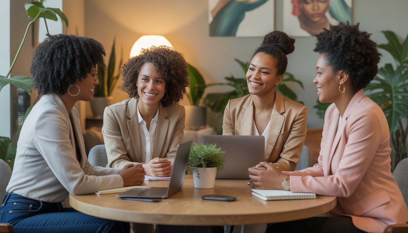 Four Black women therapists sitting together in a bright office, smiling and discussing work around a table.