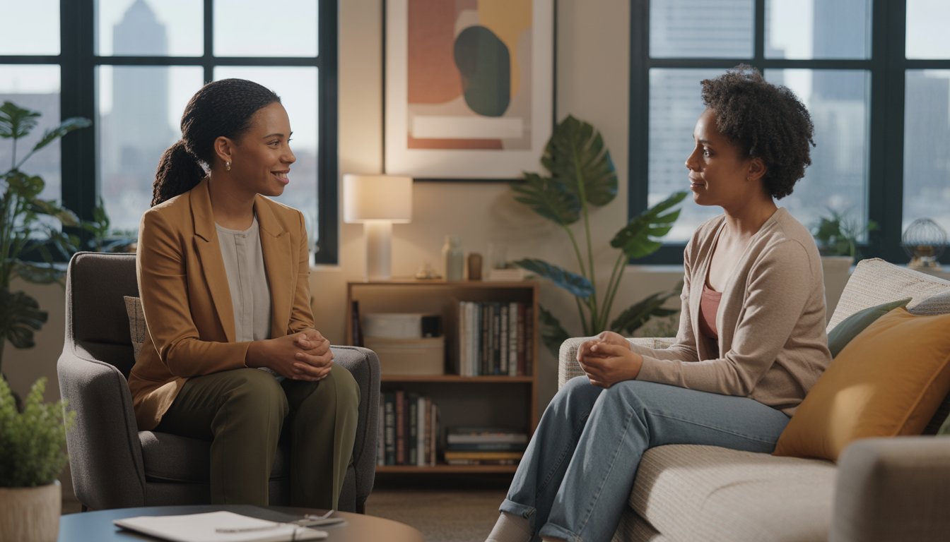 A Black female therapist attentively talking with a Black woman client in a comfortable therapy office with a view of Minneapolis.