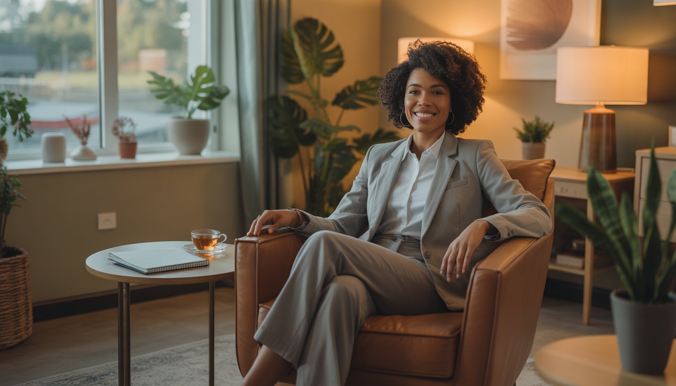 A Black woman therapist sitting in a comfortable office with plants and soft natural light, creating a warm and welcoming atmosphere.