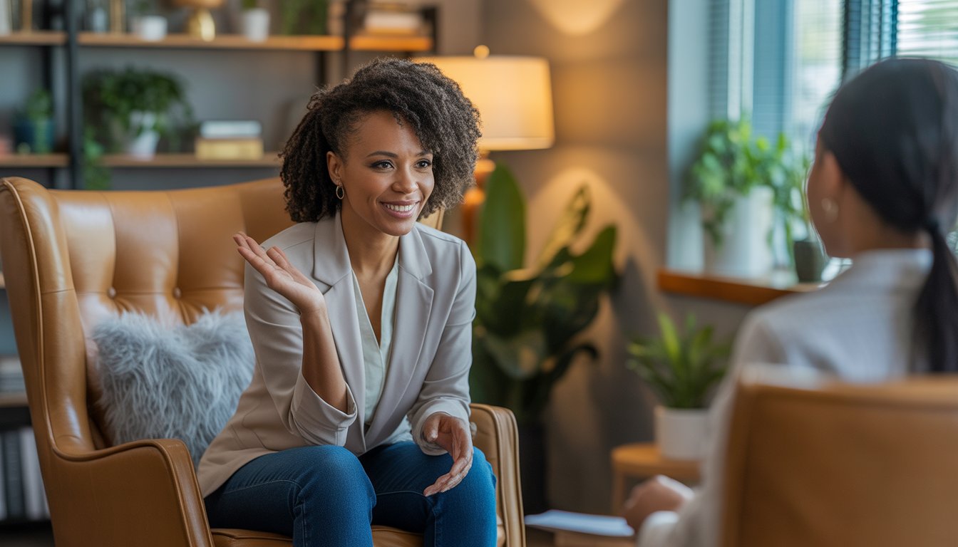 A Black woman therapist sitting in a comfortable office, attentively listening and creating a warm, welcoming environment.