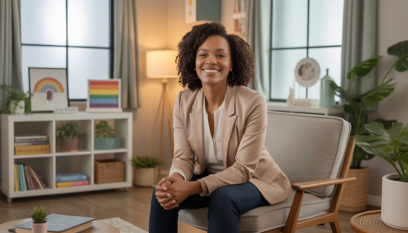 A Black woman therapist sitting in a bright, welcoming office with plants and books, smiling warmly.