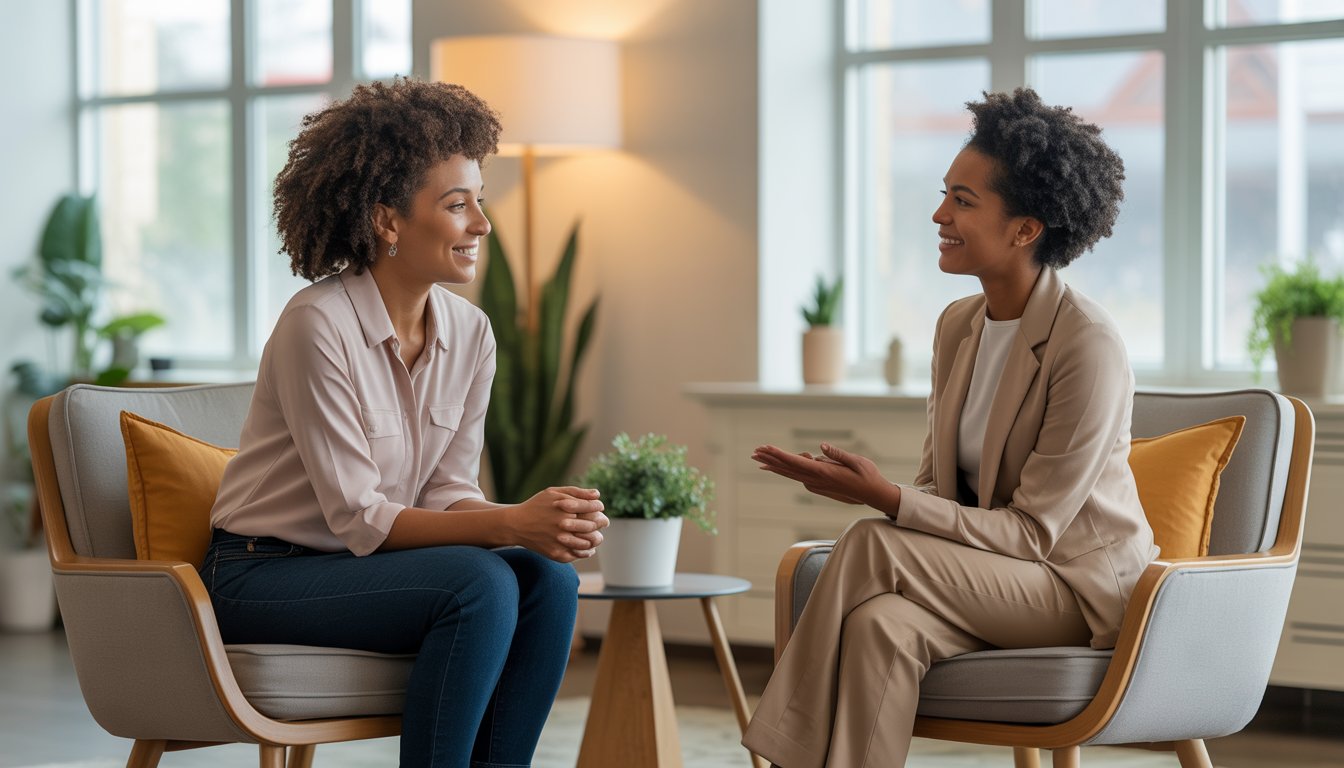 A Black woman therapist attentively talking with a Black woman client in a bright, comfortable counseling office.