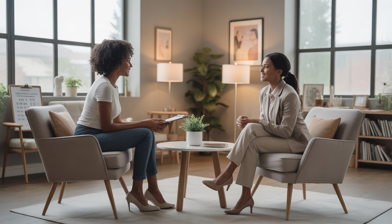 A Black female therapist attentively speaking with a Black woman client in a bright, comfortable therapy office.